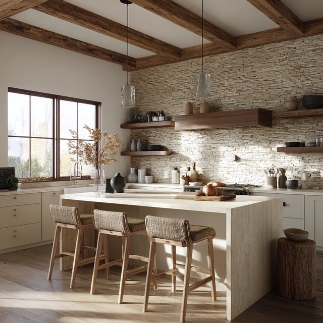 Rustic kitchen with stacked stone wall and wood beams.