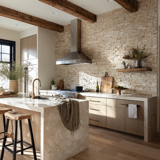 A rustic kitchen features light wood cabinets, a substantial marble kitchen island, stainless steel range hood, wooden ceiling beams, and a stacked stone veneer backsplash.