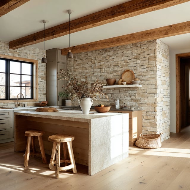 Stone kitchen with wood beams, an island, and rustic stools.