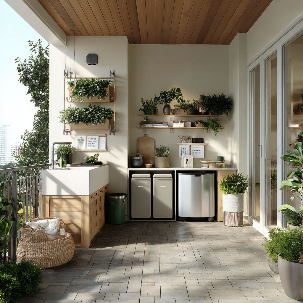 A bright and airy modern outdoor kitchen located on a balcony or covered patio.