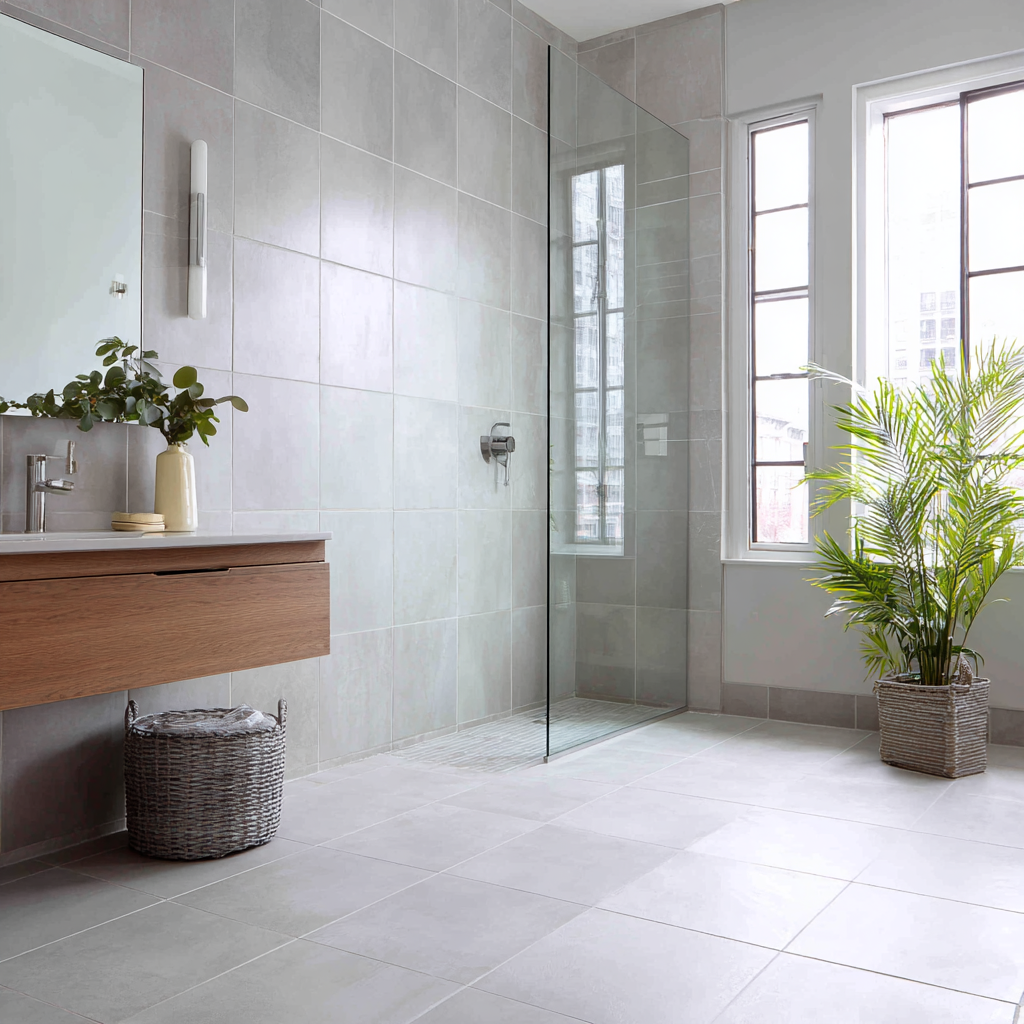Modern bathroom with large-format gray tile and glass shower.