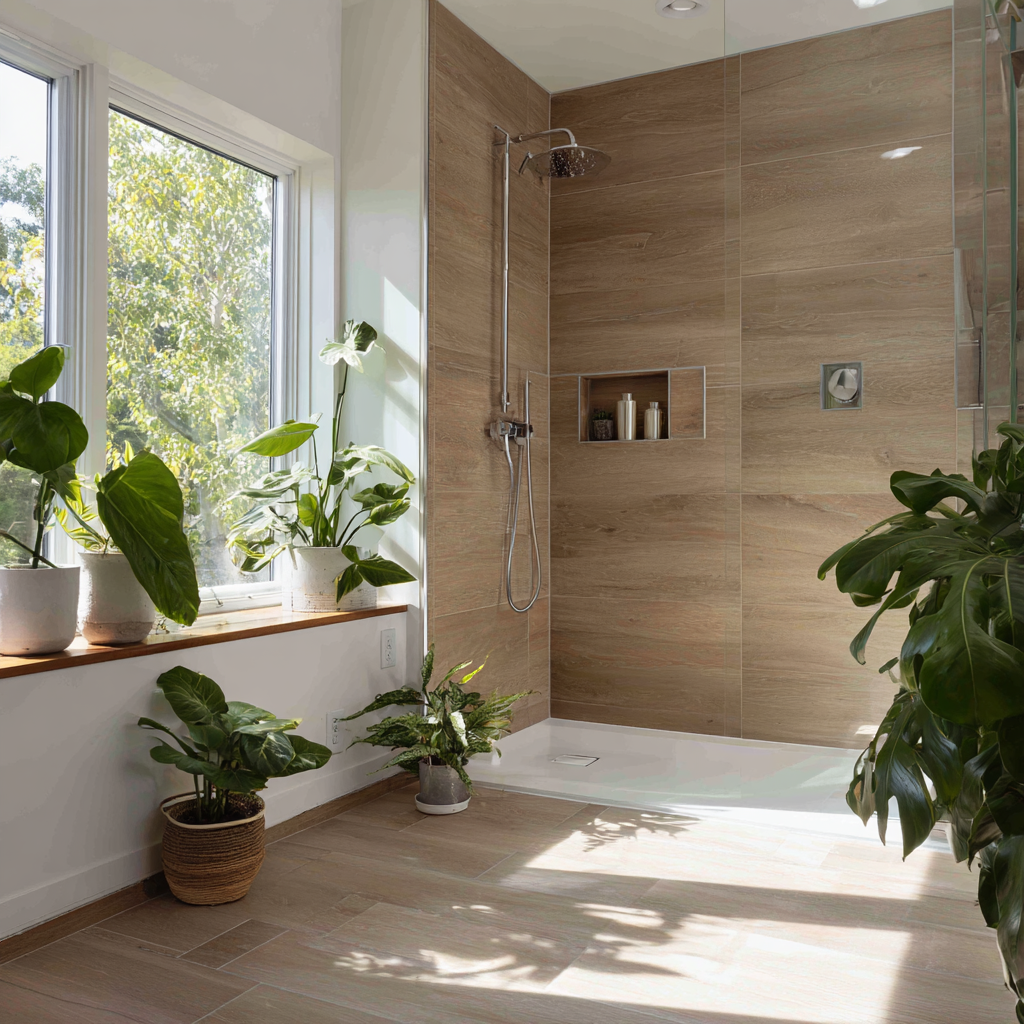 Shower with wood-look tiles and potted plants by window.