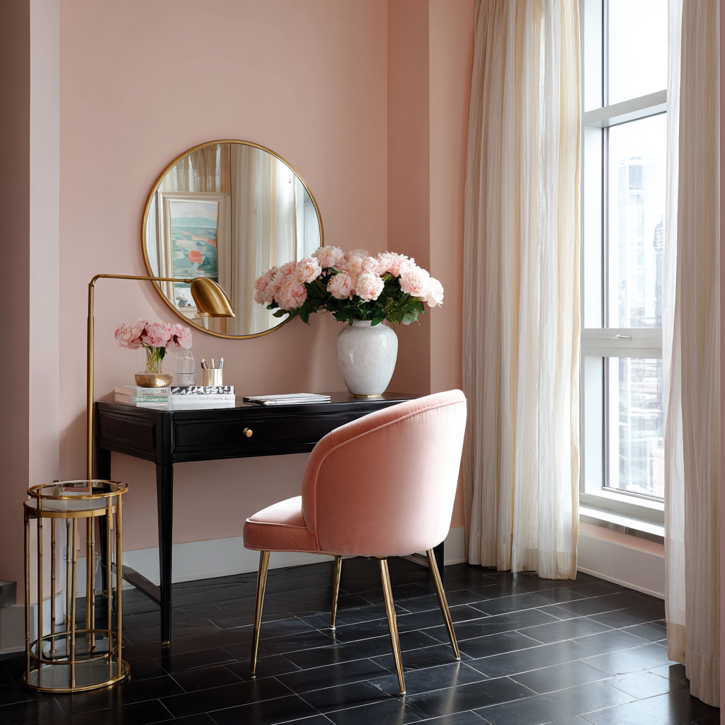Chic pink office with black tile floors and a gold chair.