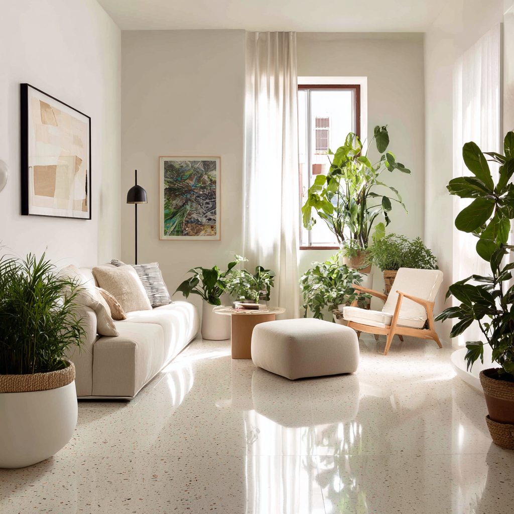 A light-filled modern living room features a glossy cream terrazzo floor, a long cream sofa with textured pillows, a matching square ottoman, a light-wood armchair with a cream cushion, a small round wooden coffee table, two abstract paintings, and is heavily decorated with numerous lush potted plants.