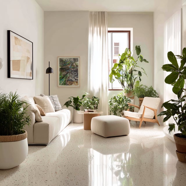 Light-filled living room with plants, beige sofa, and terrazzo floor.