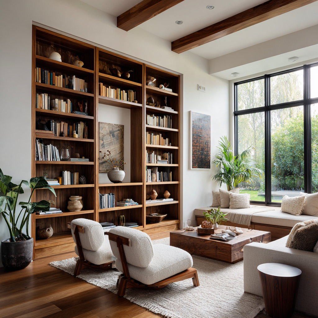 A bright living room featuring floor-to-ceiling wood bookcases, white bouclé chairs, and a built-in window bench.