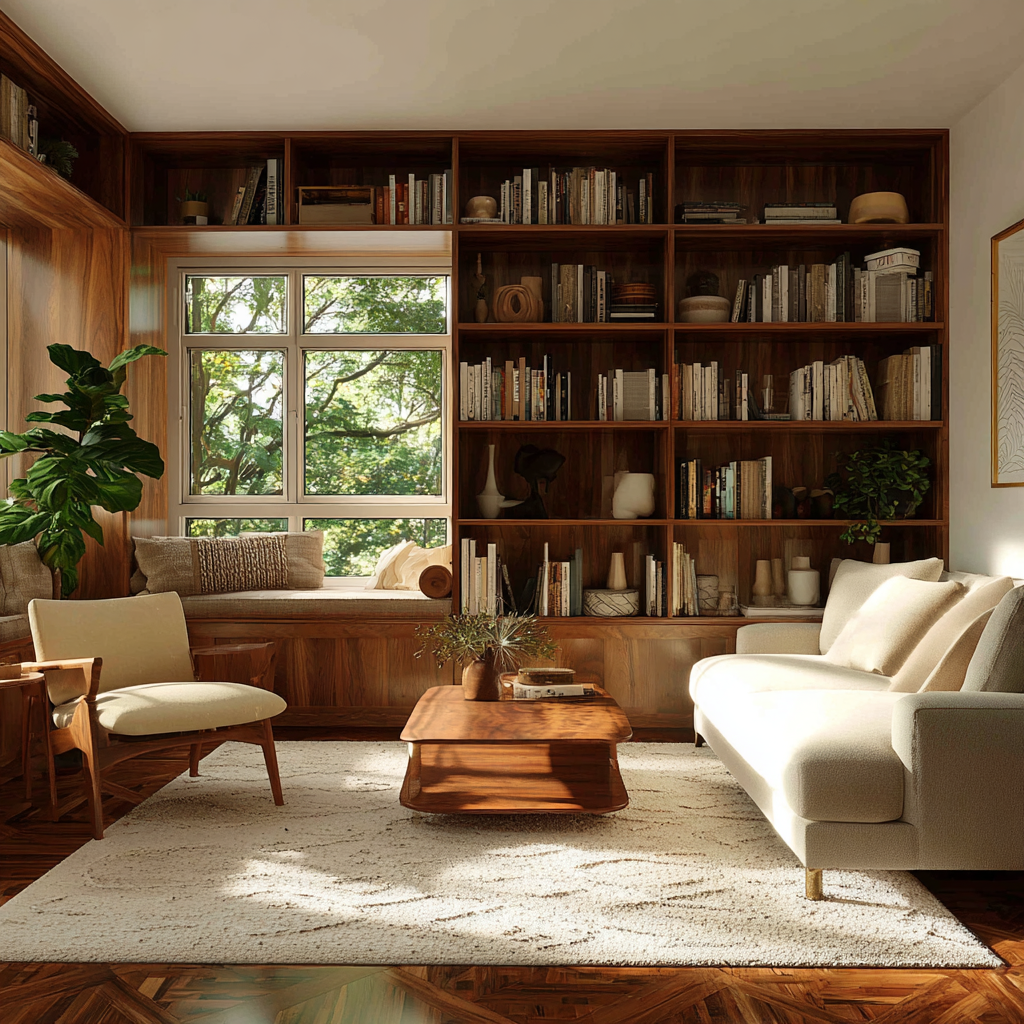 A warm, modern living room with wraparound wood built-in shelving and a cozy window seat.