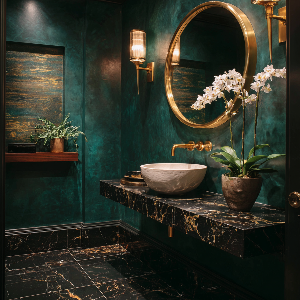Bold powder room with black marble floors and teal walls.