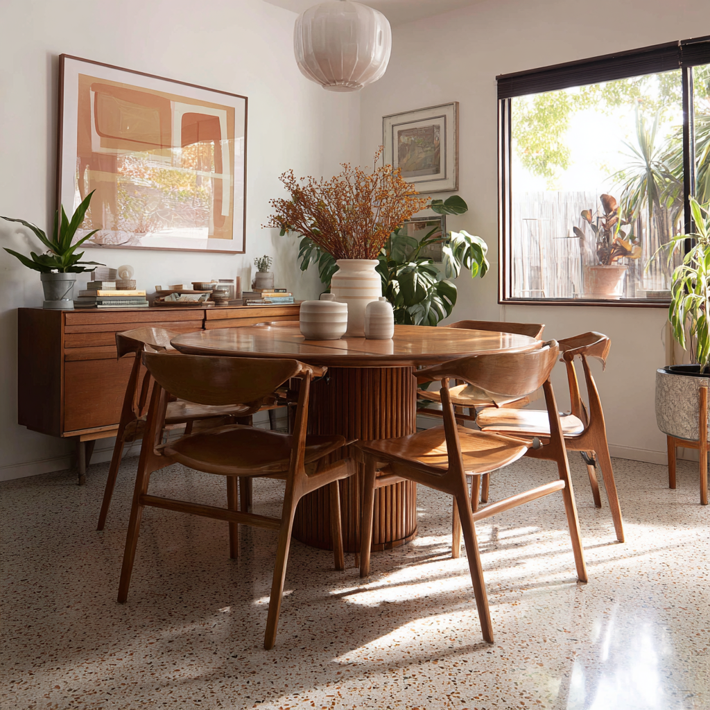 A mid-century modern dining room features a round wooden table with a reeded pedestal base, four light-wood scoop-seat dining chairs, a low wooden credenza with decor, and a large abstract painting in muted tones, all set on a light terrazzo floor with a large window and potted plants on the right.