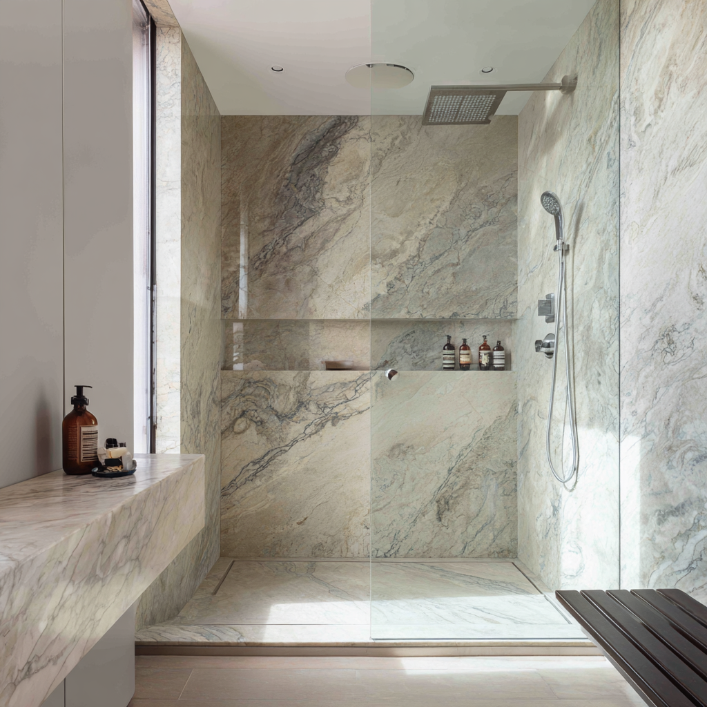 A modern walk-in shower features walls clad in large-format marble slabs with soft gray and brown veining, a rain shower head and handheld shower, a built-in recessed niche, a glass enclosure, a low-profile shower pan, and a cantilevered marble vanity on the left.