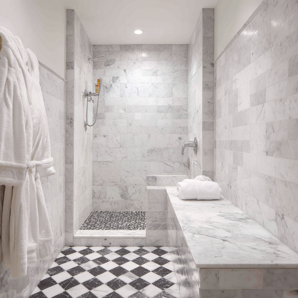 Marble bathroom with walk-in shower and checkerboard floor.