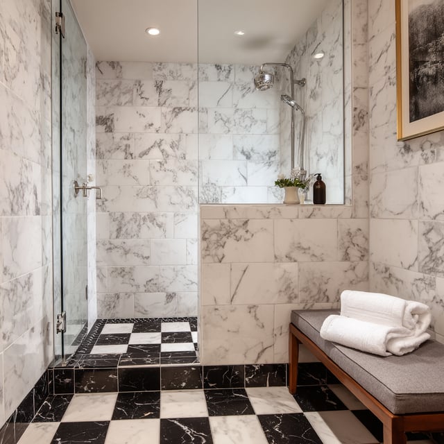 Elegant bathroom with marble walls and checkered floor.