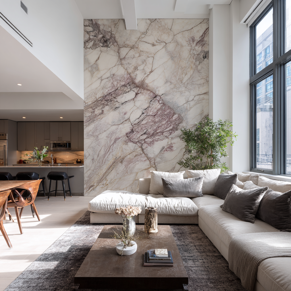 A spacious, sunlit loft apartment features a tall, book-matched marble slab accent wall with prominent purple and gray veining, serving as a backdrop for a large cream-colored sectional sofa with gray throw pillows, a dark wood coffee table, and an adjacent kitchen and dining area.