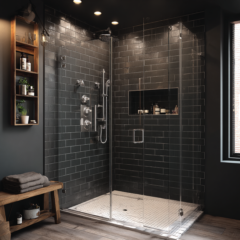 A modern walk-in shower with matte black subway tile walls, a glass enclosure, chrome multi-function fixtures, a recessed shelf, and a white mosaic tile floor under soft recessed lighting.