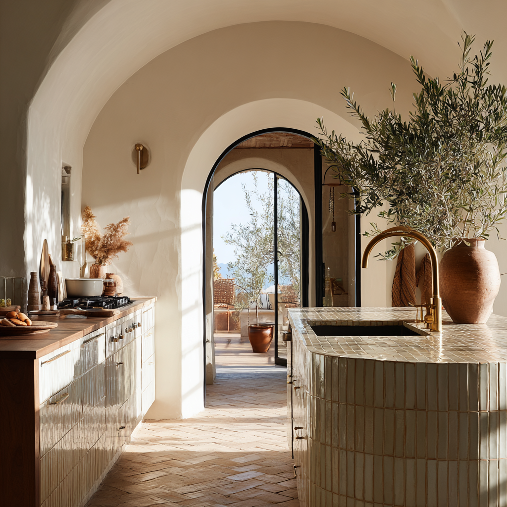Mediterranean kitchen with tiled island and arched doorways.