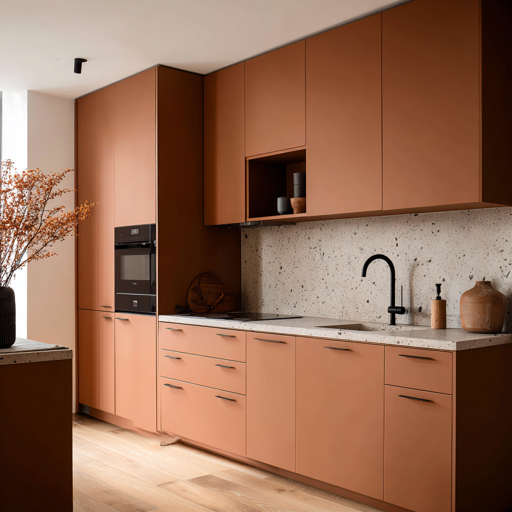 A modern kitchen featuring floor-to-ceiling, handleless, terracotta-colored cabinetry, a built-in oven, and a white speckled backsplash.