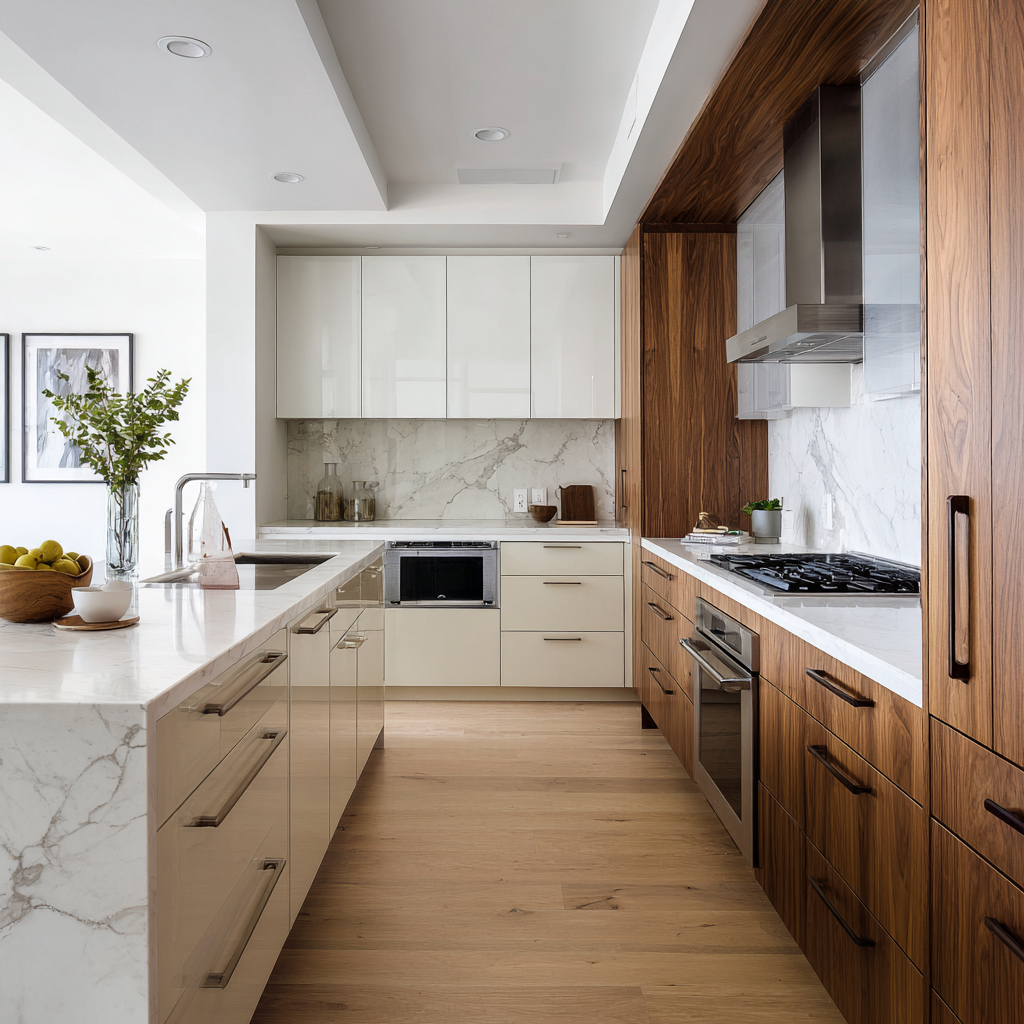Medium-sized_kitchen_floor-to-ceiling_cabinets with light wood flooring
