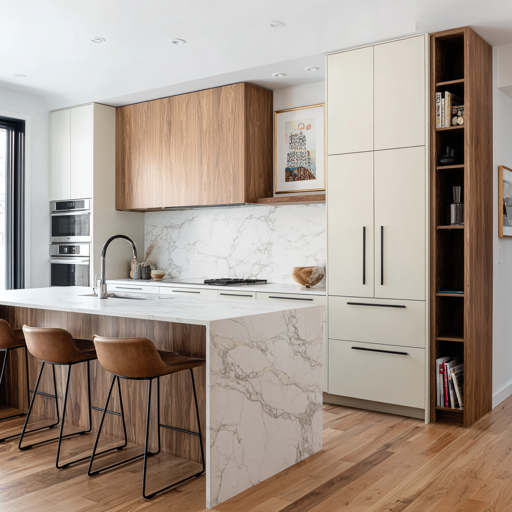 A modern kitchen featuring a large marble waterfall island, built-in appliances, and a mix of light wood and cream-colored cabinetry with black hardware.