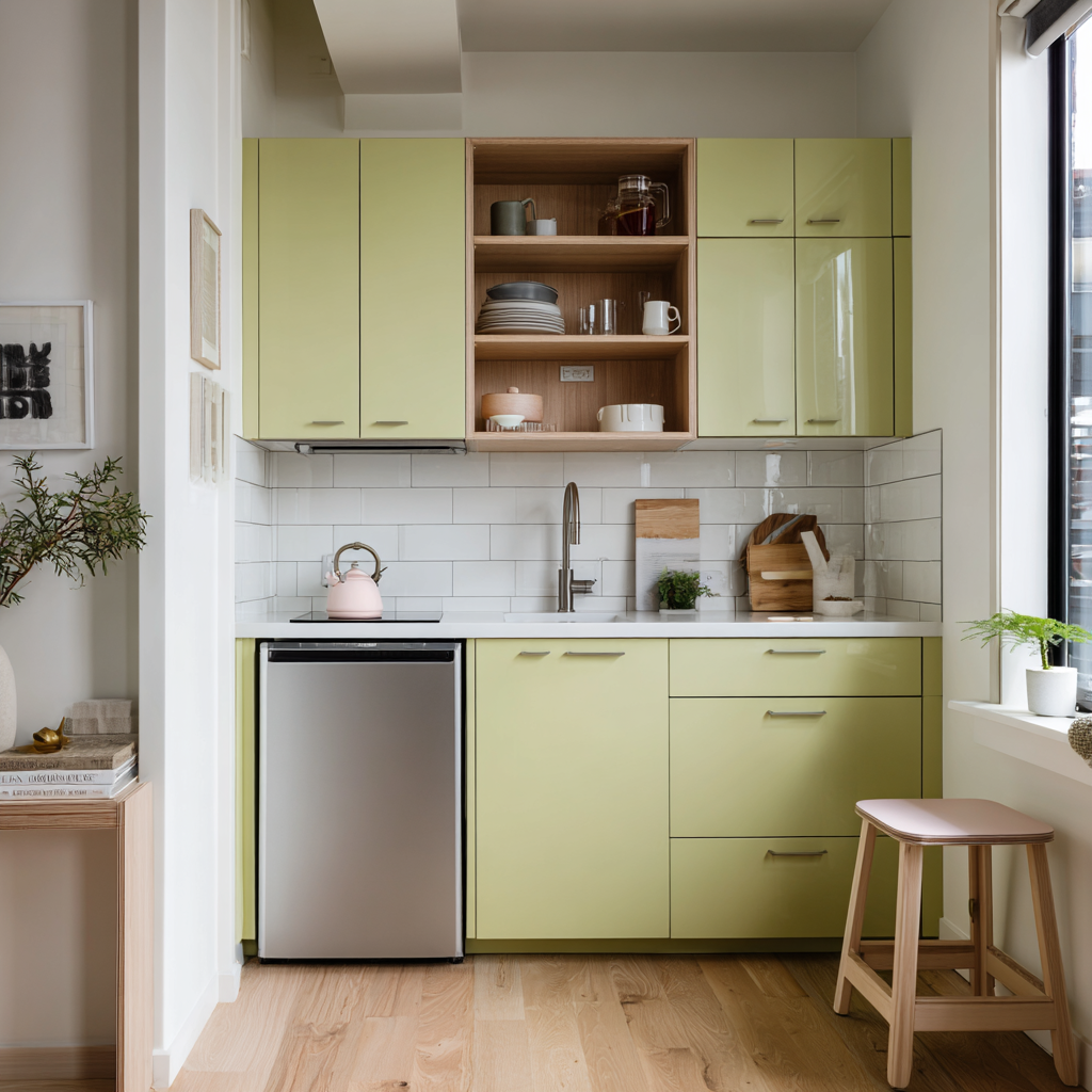 Lime green kitchenette with white tiles and a wooden stool.