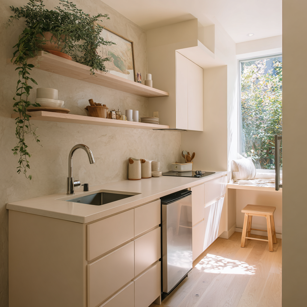 Cream-toned kitchenette with open wood shelves and a stool.