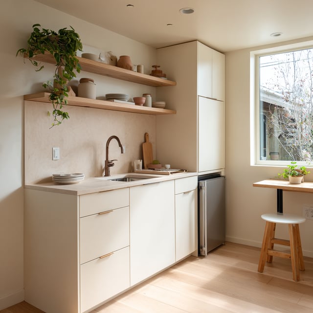 Cream-toned kitchenette with open wood shelves and a stool.