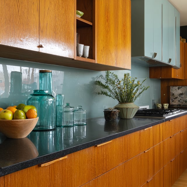 Modern kitchen with wood cabinets and a teal glass backsplash.