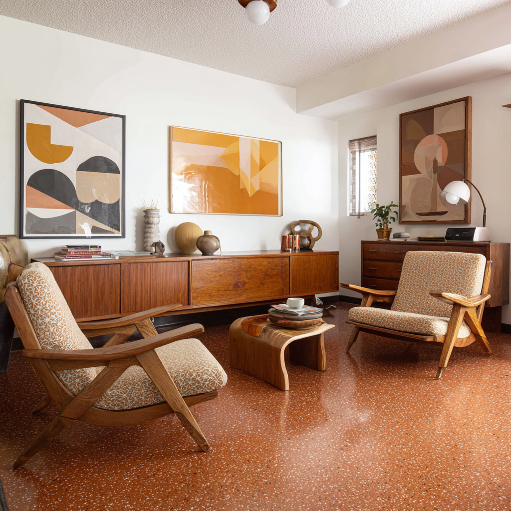 A mid-century modern living room features a warm rust-colored terrazzo floor, two matching wood-framed armchairs with patterned upholstery, a low curved wood coffee table, a long teak credenza adorned with abstract artwork in earthy tones, and a darker wood chest of drawers in the corner.