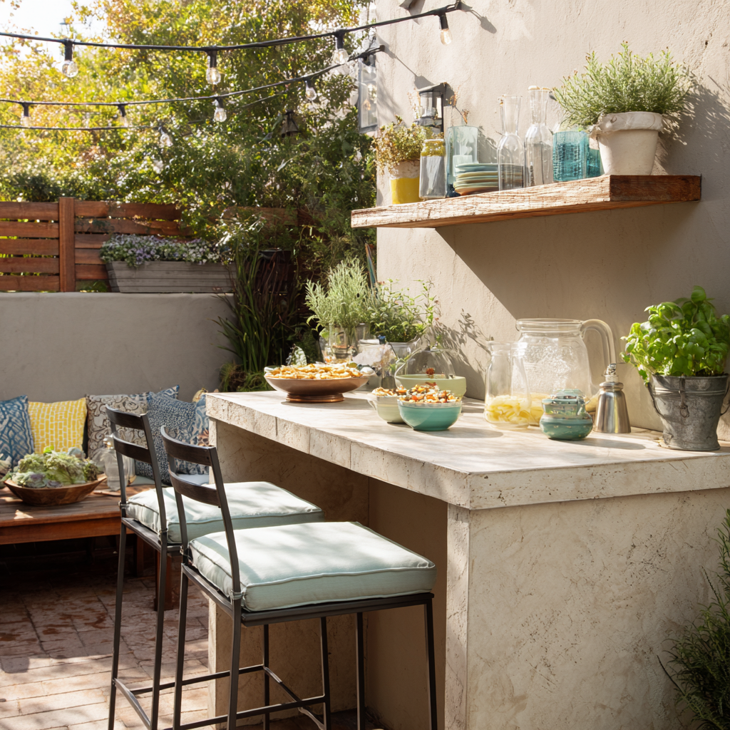 Mid-sized backyard patio with a modest outdoor kitchen.