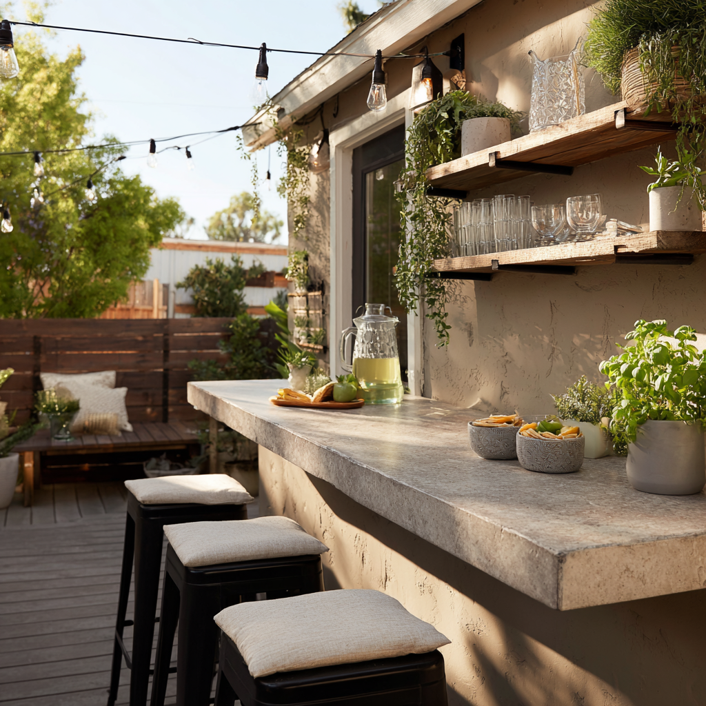 A rustic-chic outdoor bar and patio with a thick, concrete-style countertop extending from an earth-toned exterior wall, paired with black bar stools topped with neutral cushions.