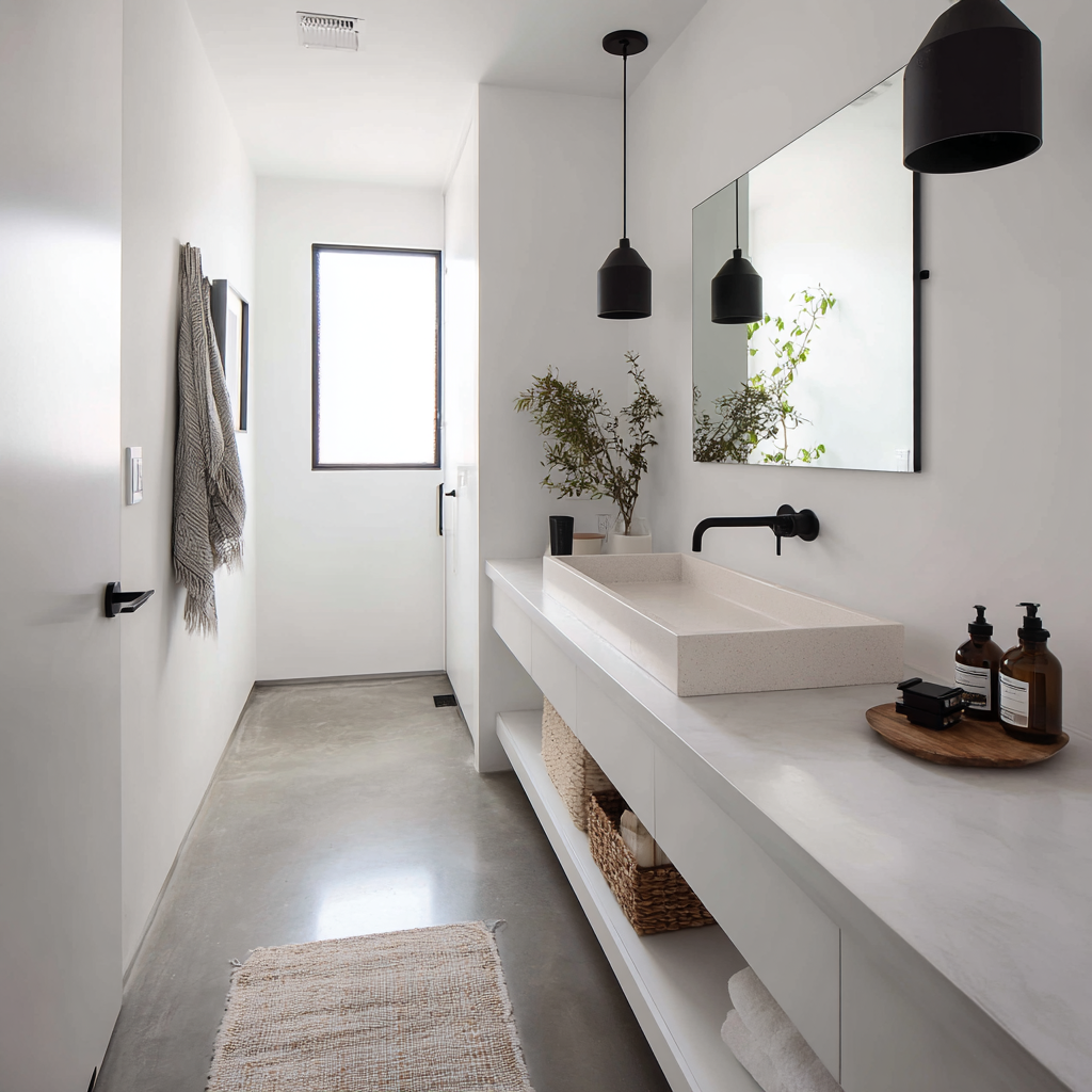 A minimalist bathroom featuring seamless polished cement floors and countertops, a wide trough-style vessel sink, and matte black industrial pendant lights and fixtures.