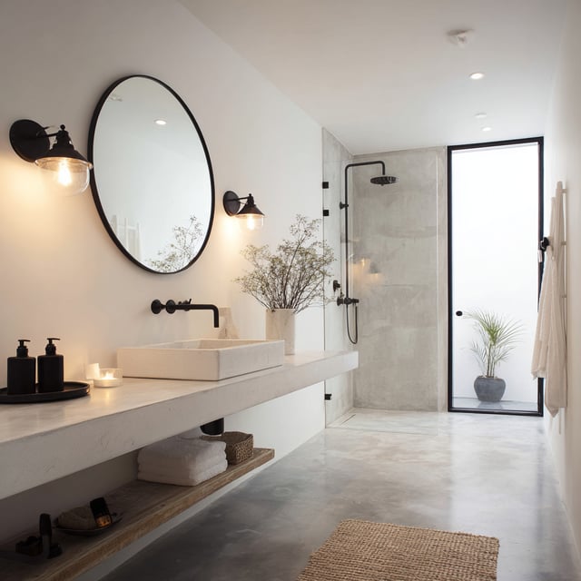 A minimalist bathroom featuring a seamless poured cement floor and countertop, a rectangular vessel sink, and a black-framed circular mirror flanked by industrial sconces.