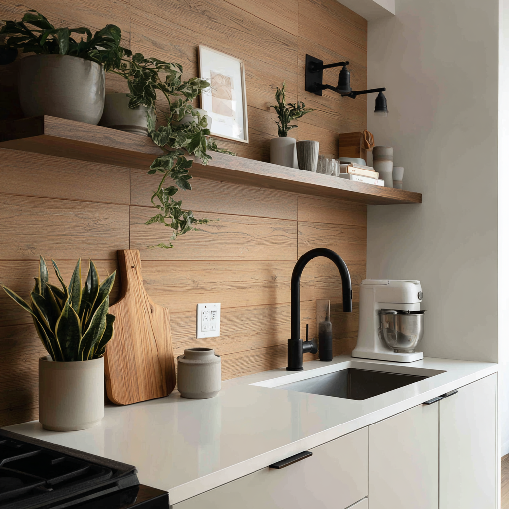 Minimalist kitchen with horizontal wood planks and open shelving.