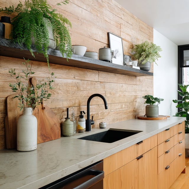 Minimalist kitchen with wood plank wall and plants.