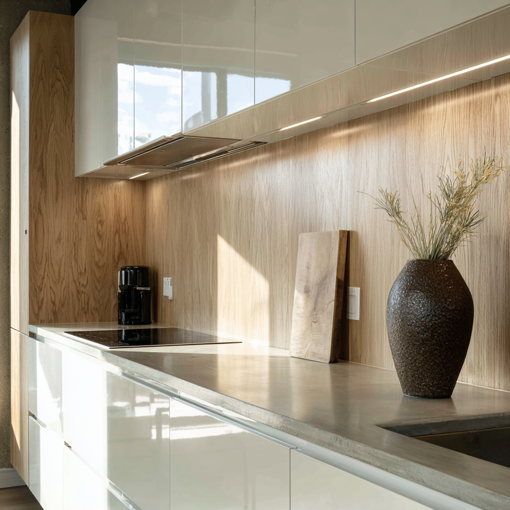 Minimalist kitchen with matching wood cabinetry and backsplash.
