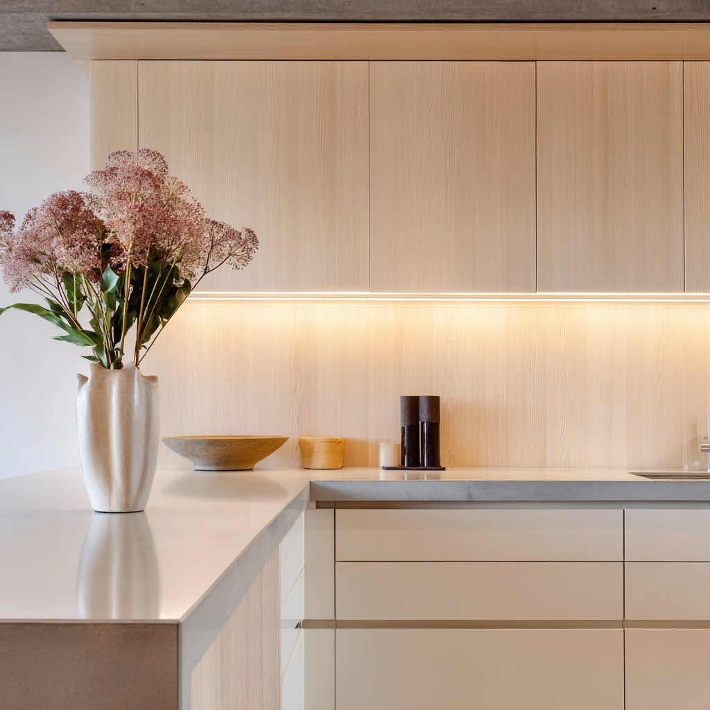 Minimalist kitchen with ash wood backsplash and under-cabinet lighting.