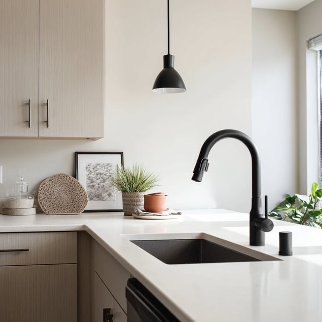Minimalist kitchen with a black faucet, sink, and pendant.