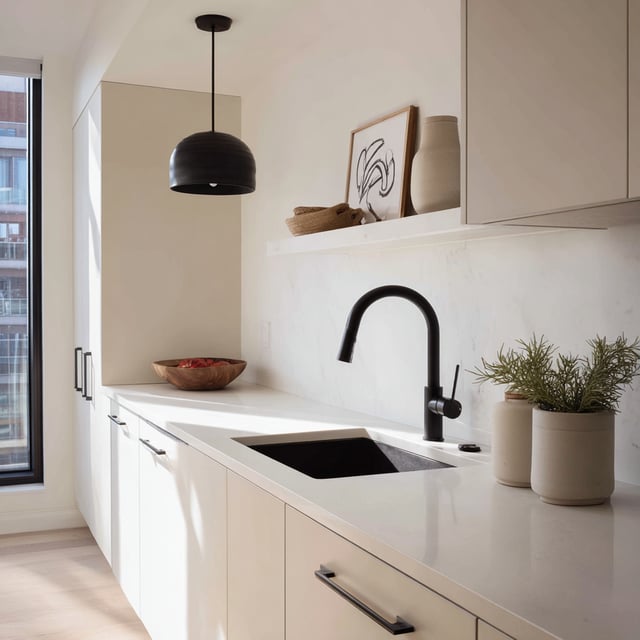 Minimalist kitchen with a black faucet, sink, and pendant.