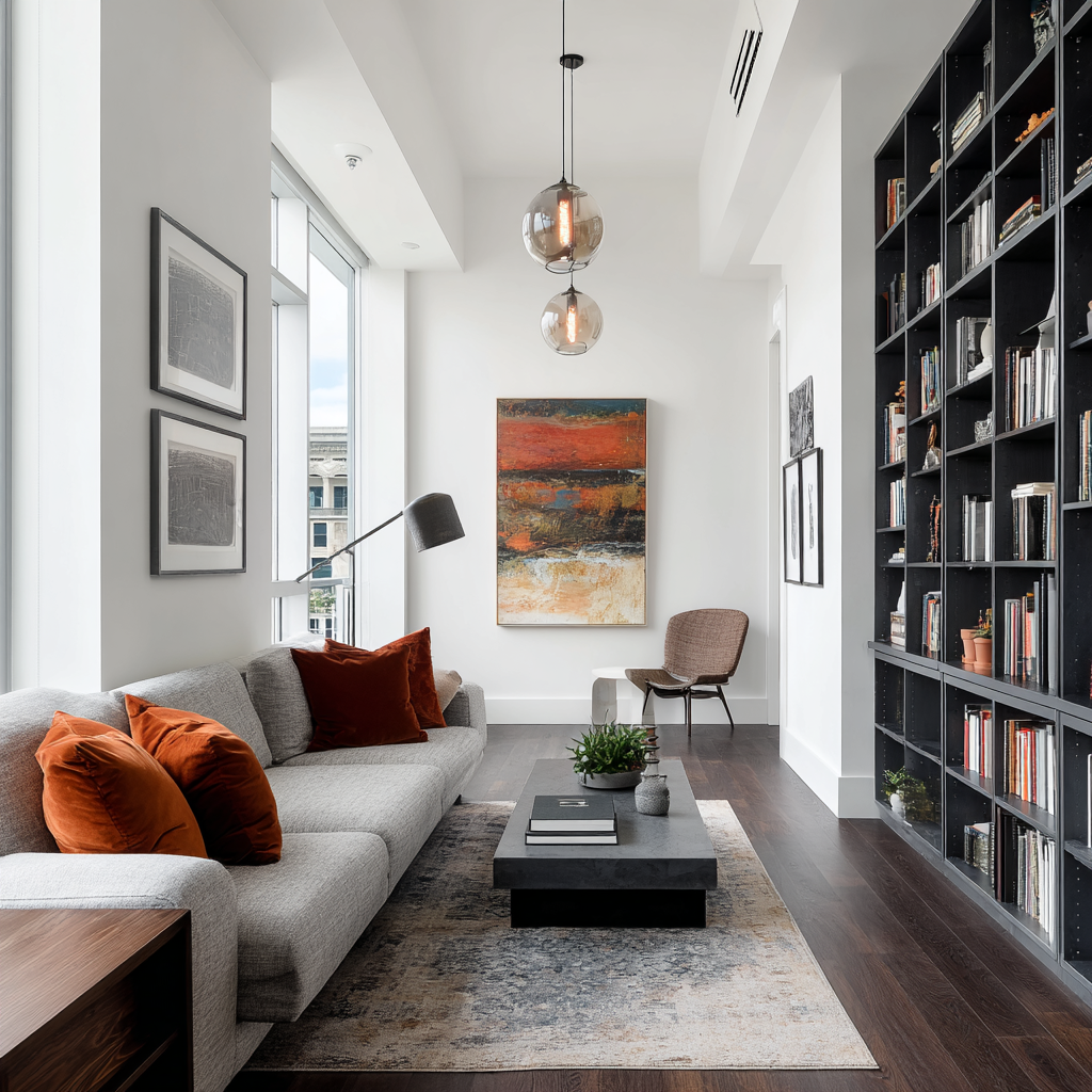 Modern apartment living room with a light gray sofa, orange accent pillows, a large dark bookshelf, and an abstract painting.