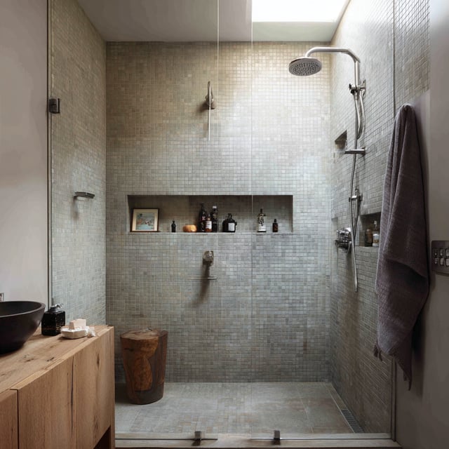 A modern, minimalist walk-in shower characterized by earthy tones and a rustic-contemporary aesthetic.