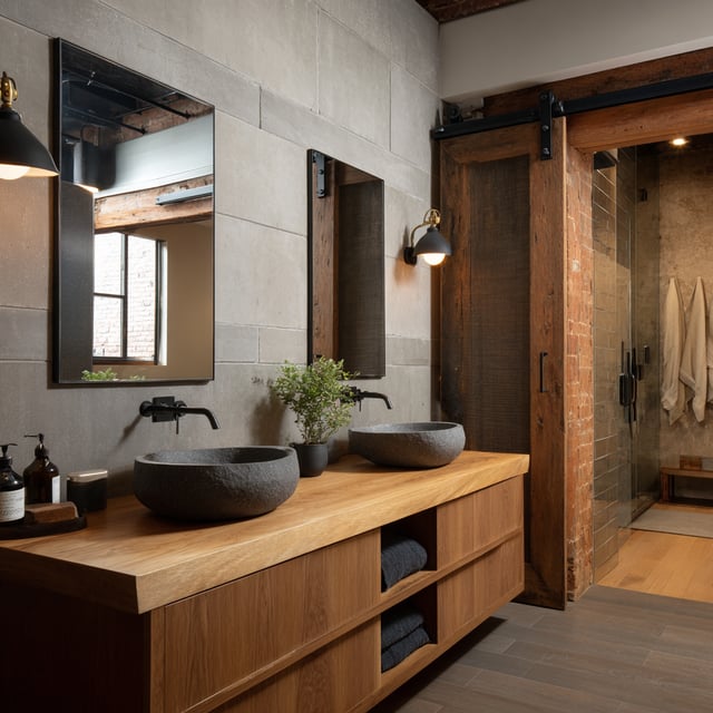 A modern, industrial-style bathroom featuring a double vanity and a blend of raw textures.