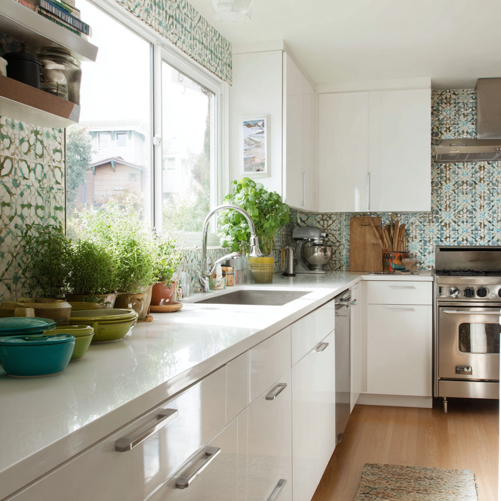 Modern galley kitchen with white cabinets, patterned tile, and potted herbs.