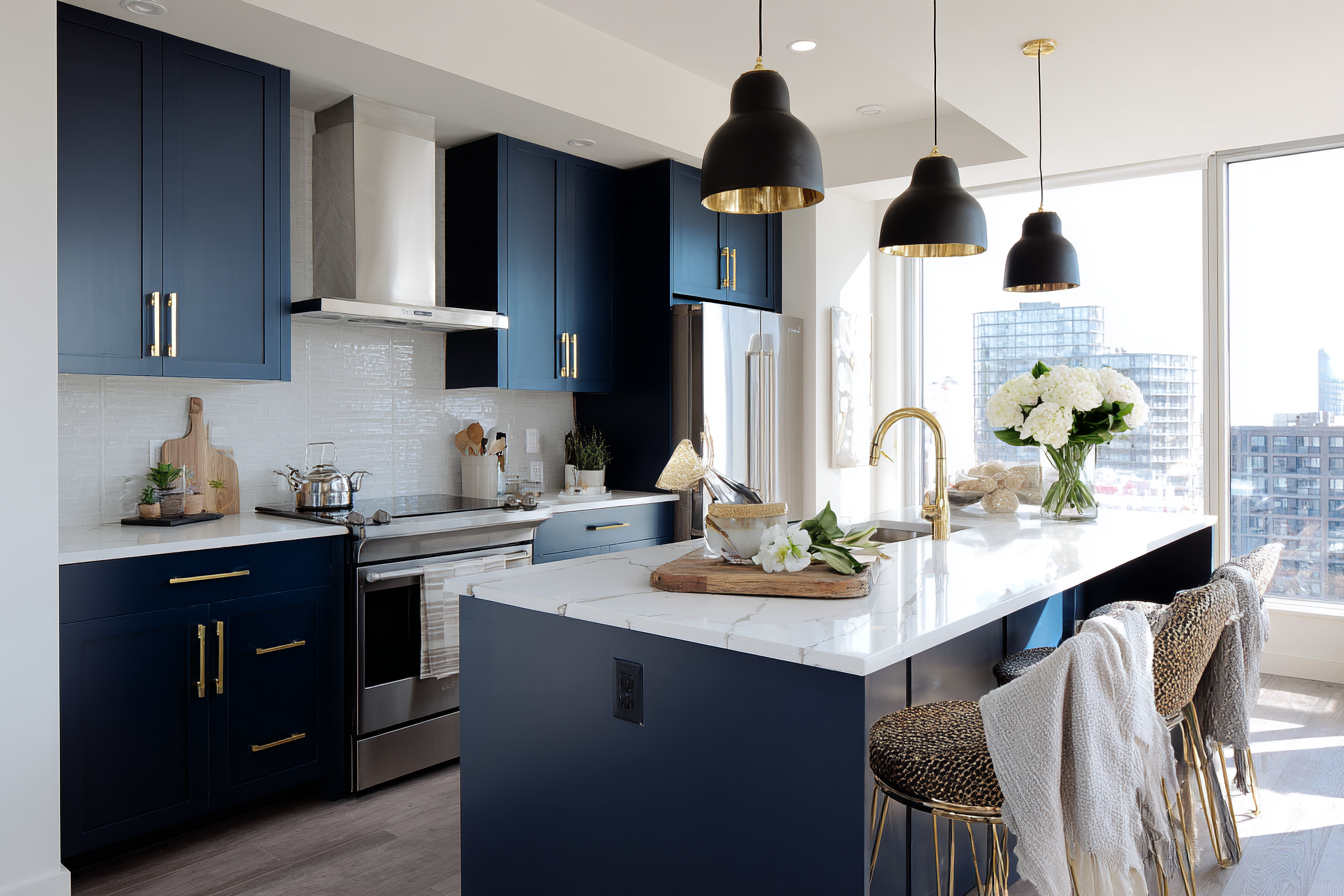 A modern kitchen that uses bold color and metallic accents.