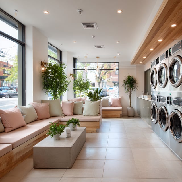 Modern laundromat with pink seating, plants, and washers.