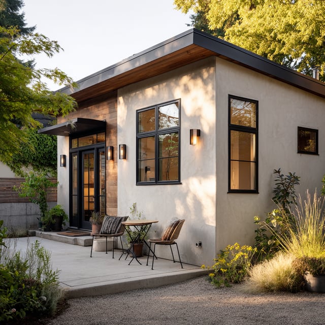 Modern studio with a concrete patio and outdoor seating.