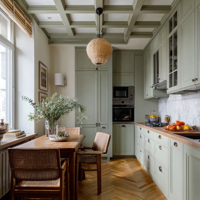 A cozy, narrow kitchen that masterfully blends traditional architectural details with a muted, earthy color palette.