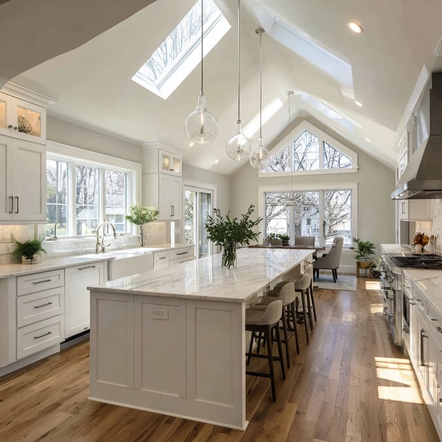 A bright, modern kitchen features a large white marble-topped island with seating, white cabinetry, light wood floors, and a vaulted ceiling with skylights and a large triangular window overlooking a dining area.