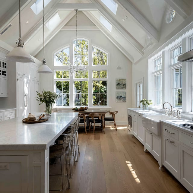 Bright white kitchen with a vaulted cathedral ceiling, large arched windows, marble island with seating, farmhouse sink, and light wood floors.