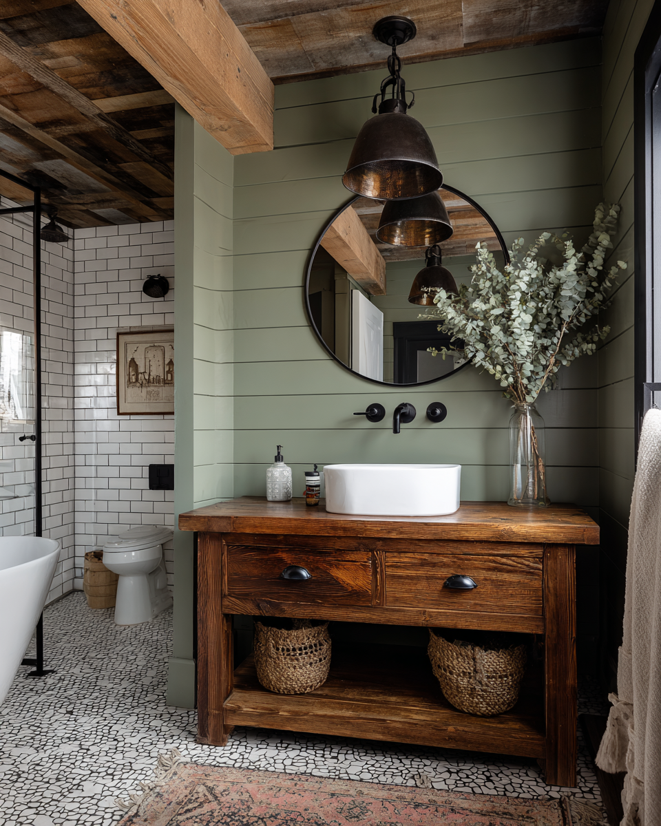 Sage green shiplap bathroom with reclaimed wood ceiling beams, rustic wood vanity, and industrial pendant lighting.