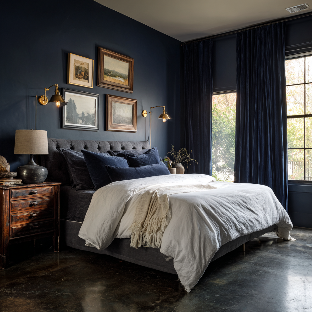Moody navy bedroom with dark concrete floors and gold lamps.