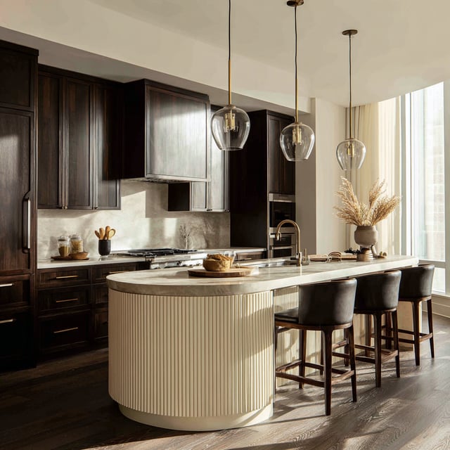 Moody modern kitchen with curved island and dark wood cabinets.